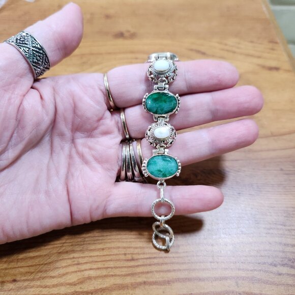 Vintage Raw Emerald & White Agate Bracelet Set in 925 Sterling Silver - Picture 4 of 5
